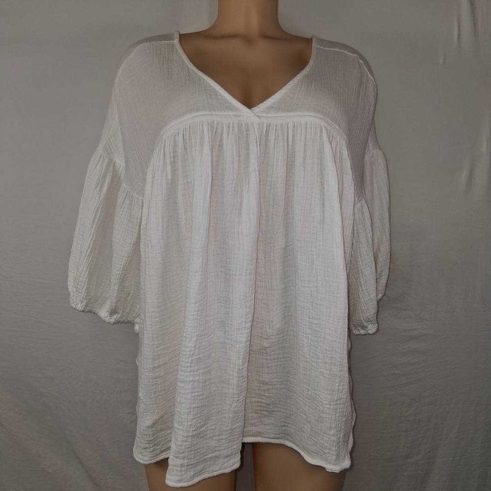 Ces Lemme Relaxed White V-Neck Cotto 100% Peasant Blusa